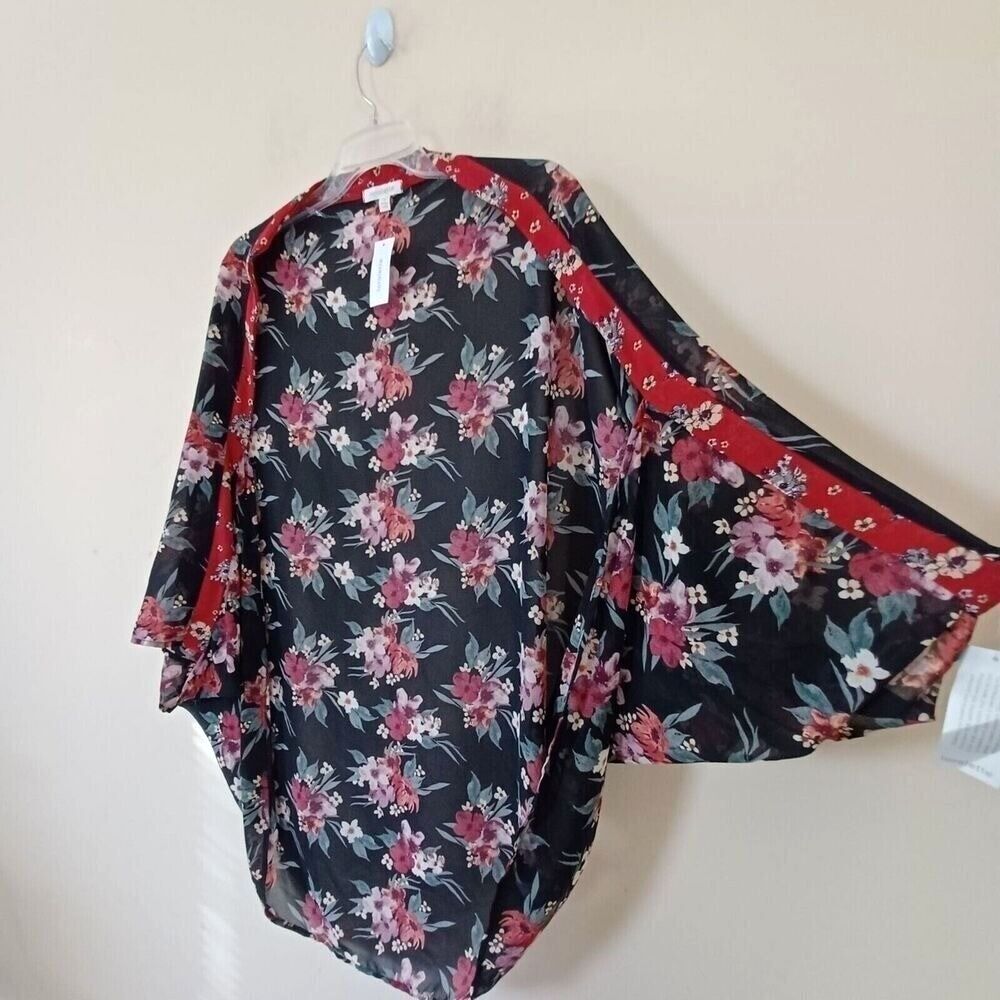 Loralette Kimono 3X Cocoon Duster CoverUp Dark Floral Sheer Red Black Whimsy New